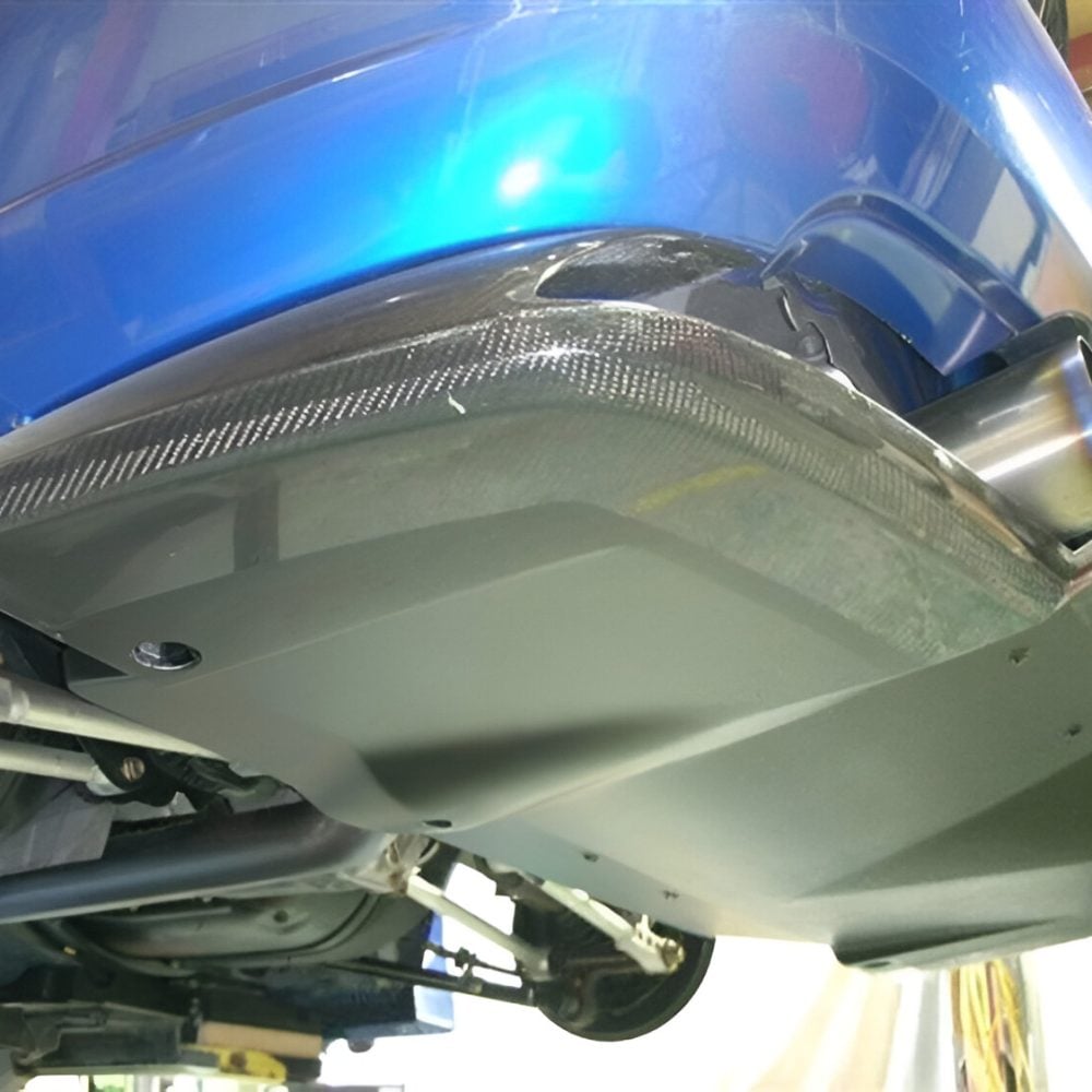 Voltex FRP & Carbon Rear Diffuser for GD Subaru Impreza WRX STi (hawk-eye / blob-eye facelift) [IRE-1/IRF-1] Installed on Car on Lift - Close Underside View