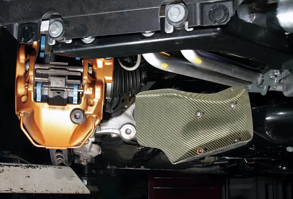 Top Secret Front Brake Air Guides R35 GT-R, Installed on Car - Closeup View of Air Guide