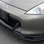 Top Secret Front Lip Spoiler 370Z in Full Carbon, Installed on Platinum 370Z - Upper Front Side View of Lip Spoiler