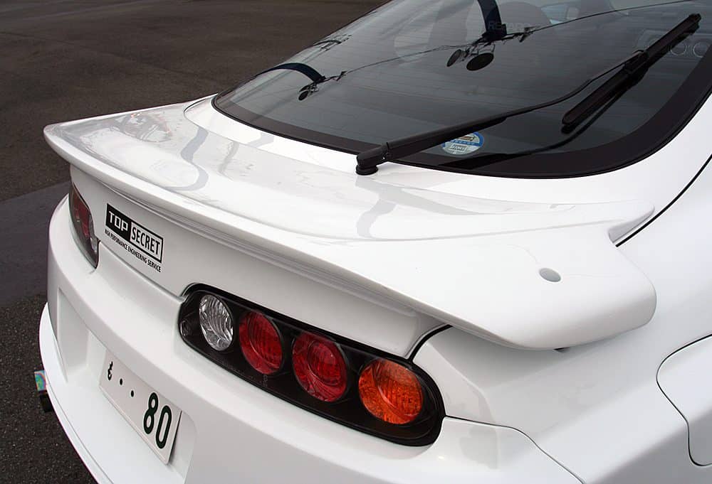 Top Secret A80 Supra Spoiler, Installed on White Supra - Close Rear Side View of Spoiler