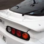 Top Secret A80 Supra Spoiler, Installed on White Supra - Close Rear Side View of Spoiler