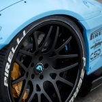 Liberty Walk LB-WORKS Widebody Kit for LP700-4 Lamborghini Aventador Installed on Blue Aventador Front Fender Close-Up View