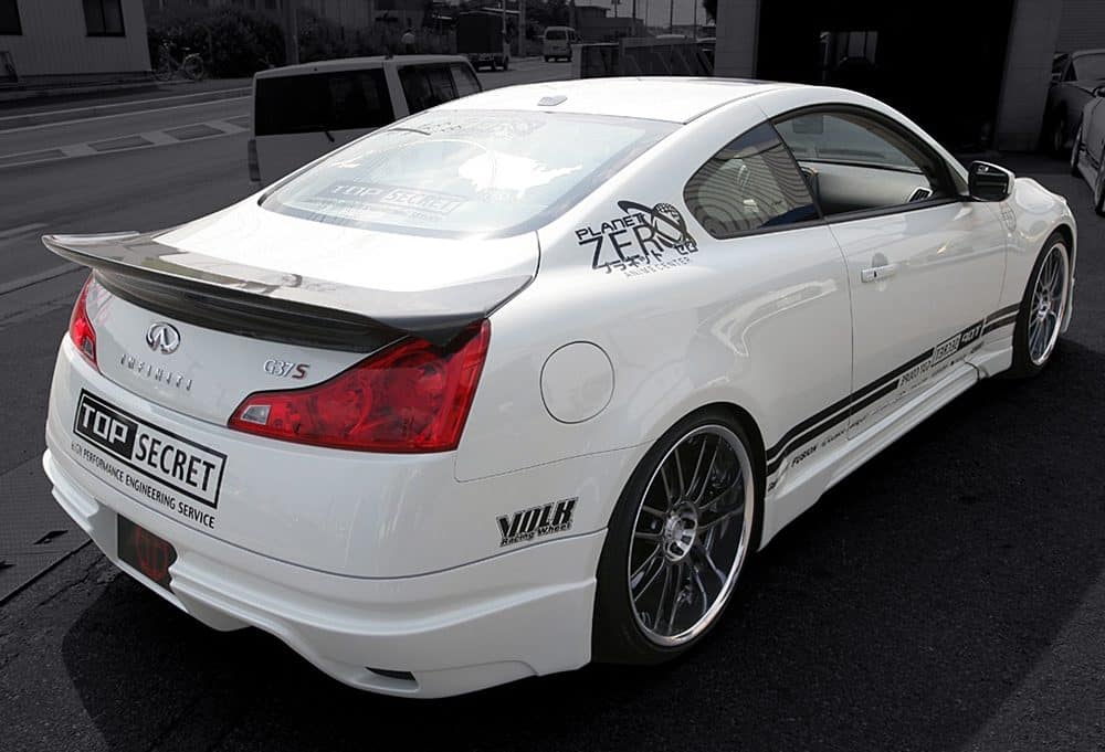 Top Secret V36 G-Force Rear Spoiler, Installed on White G37 - Rear Side View of Car