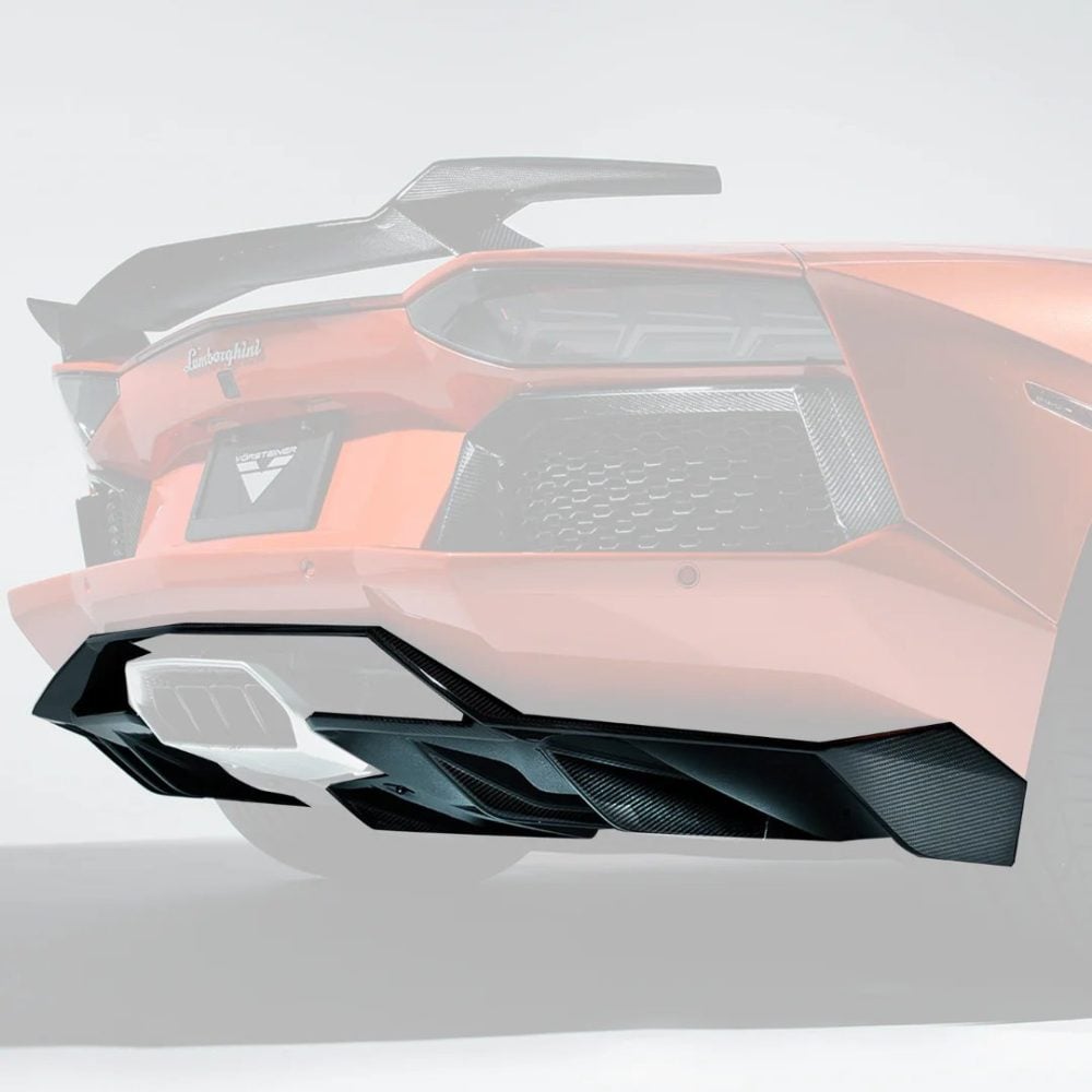 Vorsteiner Zaragoza Edizione Glossy Carbon Rear Diffuser for LP700-4 Lamborghini Aventador Installed on Orange Aventador - Diffuser Highlighted