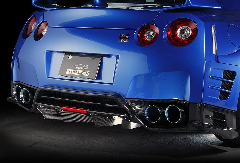 Top Secret GT-R V2 Rear Under Bumper in Carbon, Installed on Blue GT-R - Rear Side View of Under Bumper