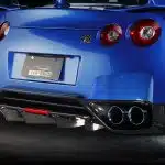 Top Secret GT-R V2 Rear Under Bumper in Carbon, Installed on Blue GT-R - Rear Side View of Under Bumper