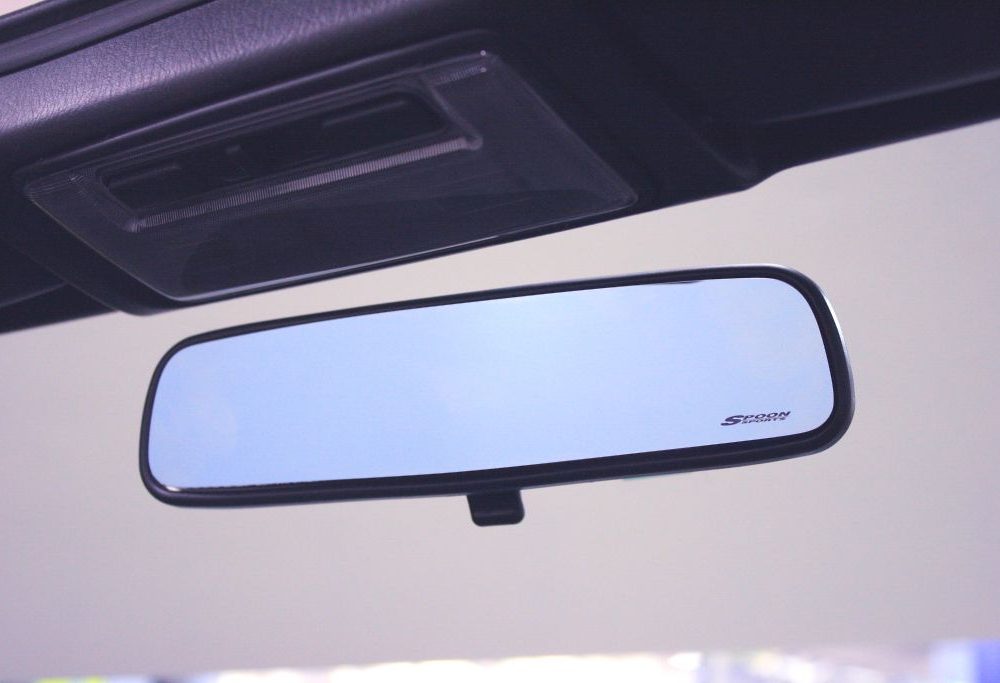Spoon Blue Wide Rear View Mirror for the AP1 / AP2 Honda S2000; wide-angle curvature with anti-glare blue coating, installs over the existing mirror.