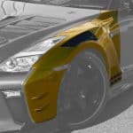 Top Secret GT-R GT Front Fenders, M17 Front Bumper Kit, Installed on Gold GT-R, Highlighted - Front Side View