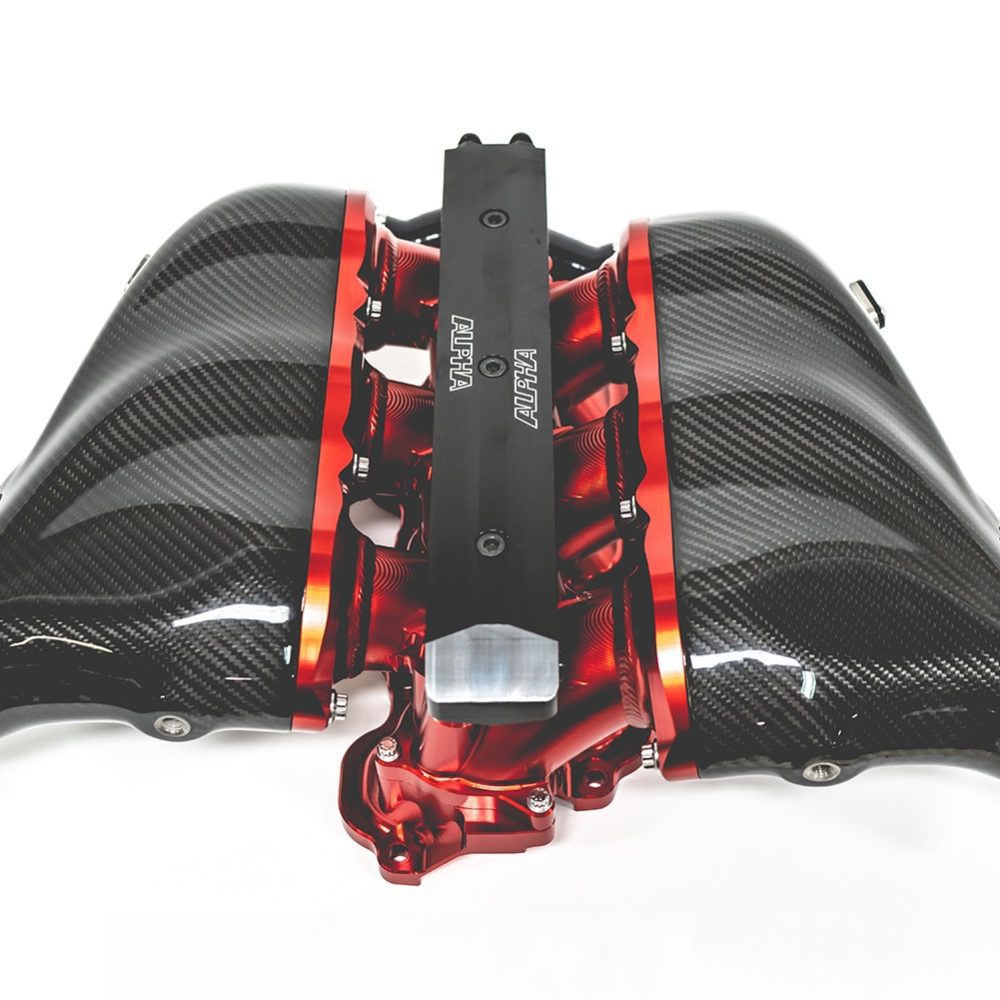 AMS Performance Carbon Fiber Intake Manifold w/ Aux Fuel Rail in Red for DBA-R35 / EBA-R35 Nissan GT-R