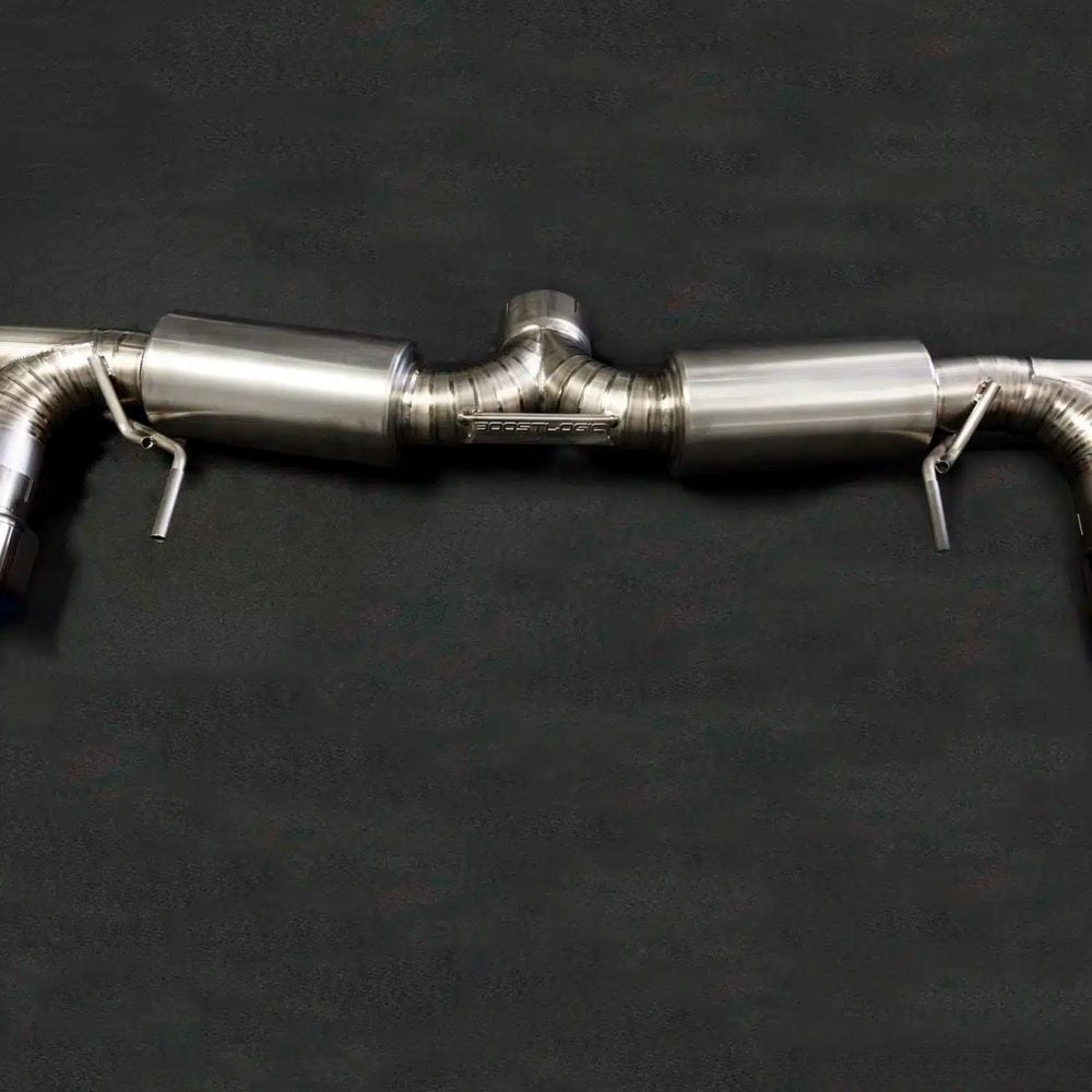 Boost Logic 4-Inch Titanium Exhaust System for R35 Nissan R35 GT-R - Top View of Rear Section with Standard Blued Tips