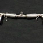 Boost Logic 4-Inch Titanium Exhaust System for R35 Nissan R35 GT-R - Top View of Rear Section with Standard Blued Tips