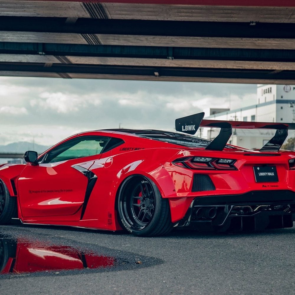 Liberty Walk LB-Silhouette WORKS Ver.1 Rear Wing for C8 Chevrolet Corvette Stingray Installed on Red C8 Rear Side View