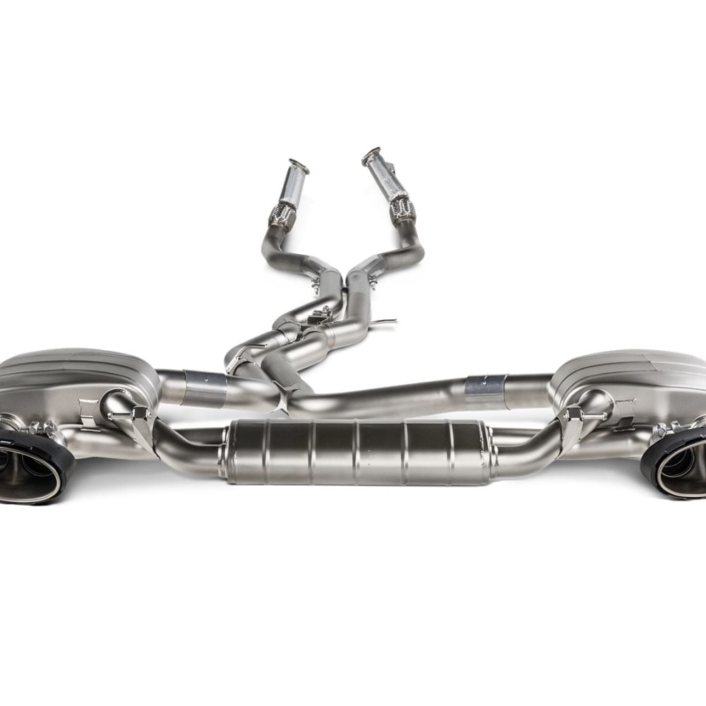 Akrapovic Evolution Line Titanium Exhaust System with Carbon-Titanium Tailpipes for C8 Audi RS6 Avant [S-AU/TI/15H] - Front View of System