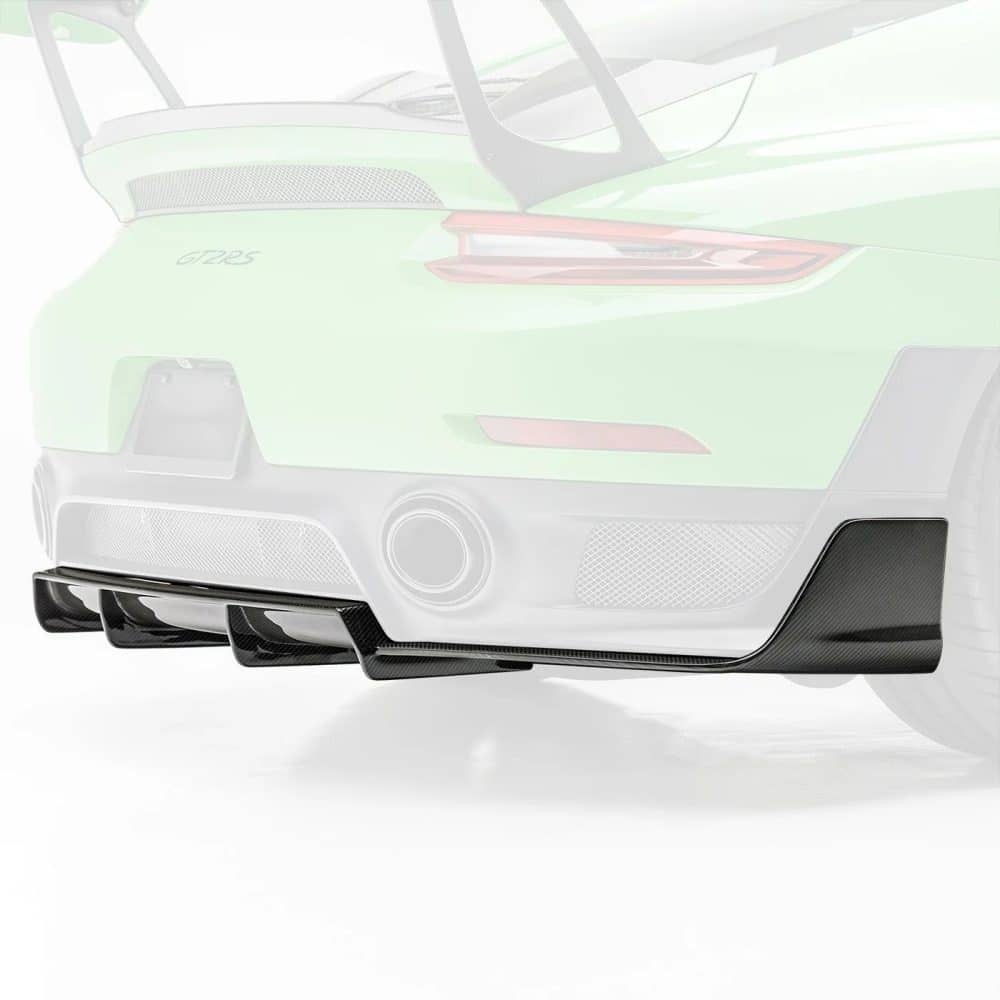 Vorsteiner Carbon EVO Rear Diffuser for 991.2 Porsche 911 GT2 RS Installed & Highlighted on Green GT2 RS - Close Rear Side View of Car
