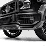 Vorsteiner VRS Program Carbon Front Spoiler for W464 Mercedes-AMG G 63 in Satin Finish Installed on Black G 63 - Close Lower Front-Side View of Front Spoiler