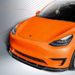 Vorsteiner Carbon Fiber Front Spoiler for Tesla Model Y Installed on Orange Model Y