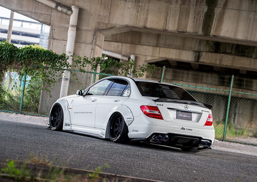 Liberty Walk LB-WORKS Rear Diffuser w/ Side Spoilers for W204 Mercedes-Benz C63 AMG Installed - Rear View