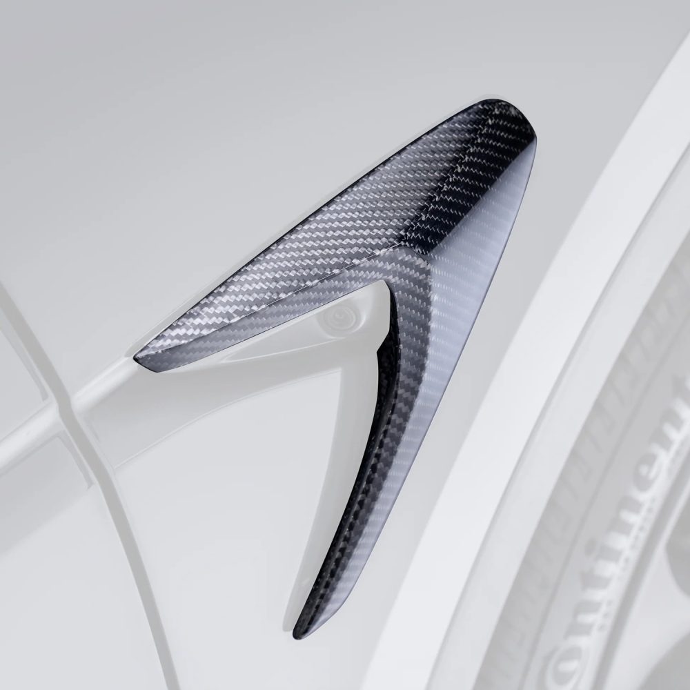 ADRO Carbon Side Camera Covers for Tesla Model Y Installed on Dark Grey Model Y - Camera Cover Highlighted