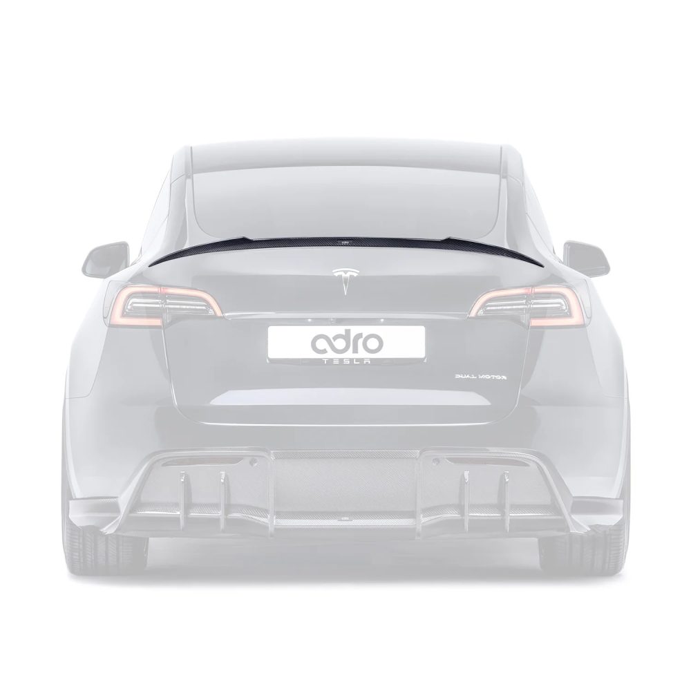 ADRO Carbon V1 Rear Spoiler for Tesla Model Y Installed on Dark Grey Model Y - Spoiler Highlighted