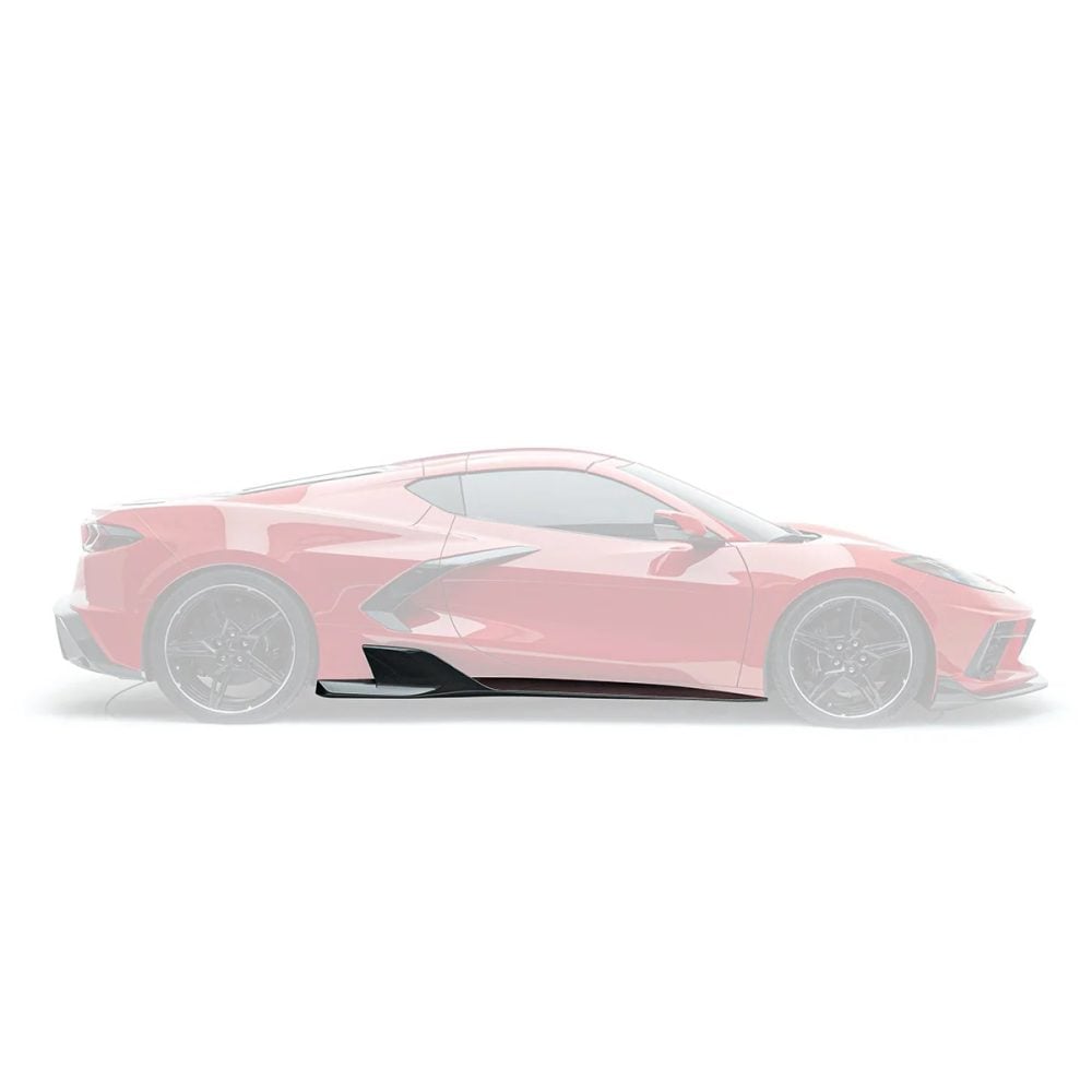 ADRO Carbon Side Skirts for C8 Chevrolet Corvette Stingray Installed on Red C8 - Side Skirt Highlighted