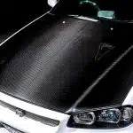 Top Secret R34 Aero Bonnet, Installed on White R34 - Upper Front Side View of Bonnet