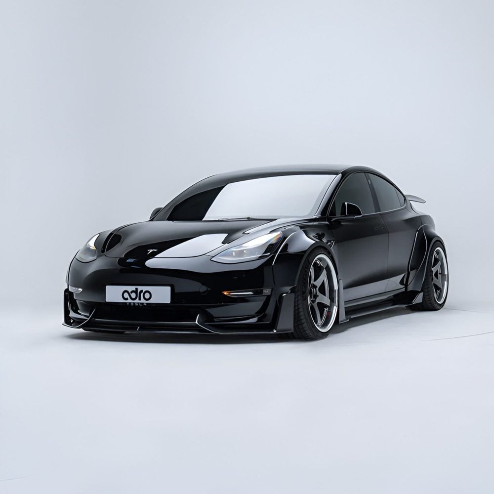 ADRO Widebody Kit for Tesla Model 3 Installed on Black Model 3 - Front View