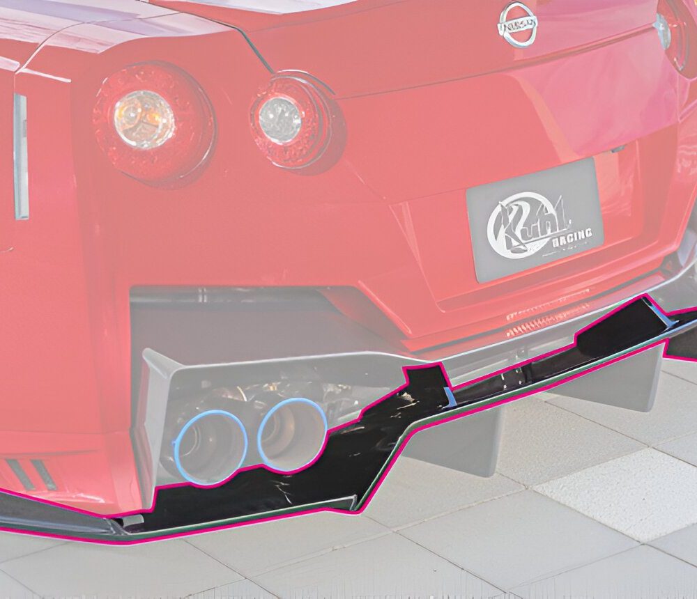 KUHL Ver. 4 GTII Rear Floating Diffuser for R35 Nissan GT-R Installed - Part Highlighted