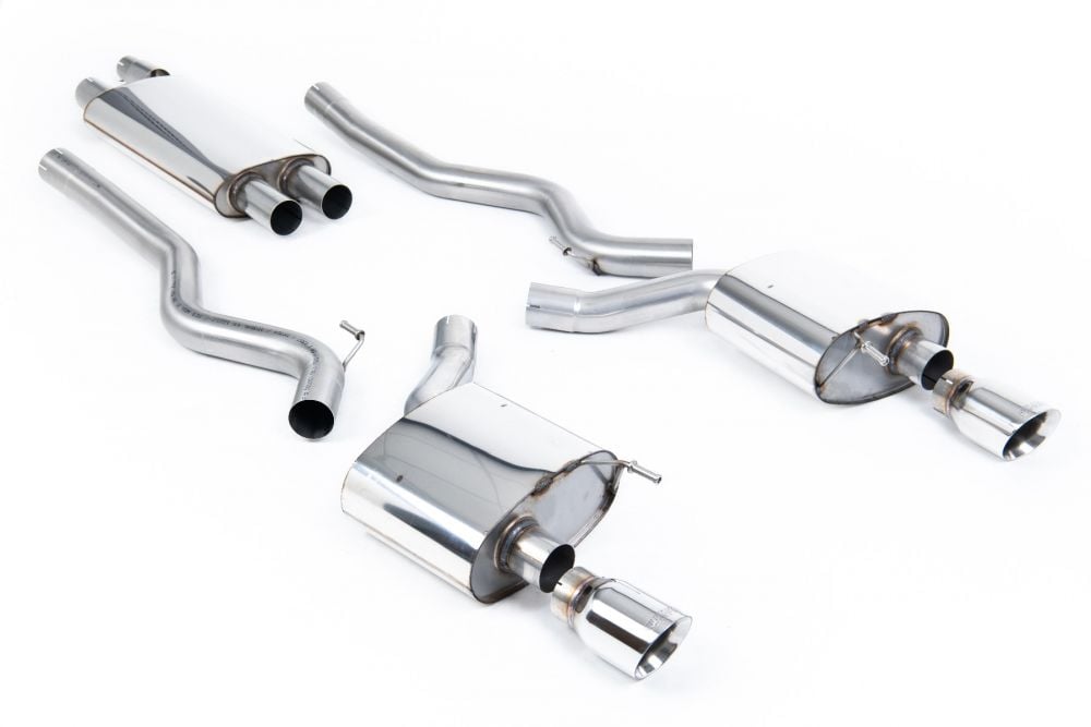Milltek Resonated Catback Exhaust System for S550 Ford Mustang EcoBoost with Polished Tips - Rear Side View of System