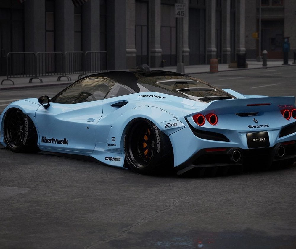 Liberty Walk LB-WORKS Widebody Kit for Ferrari F8 Tributo Installed with Ver. 2 - Rear Side View