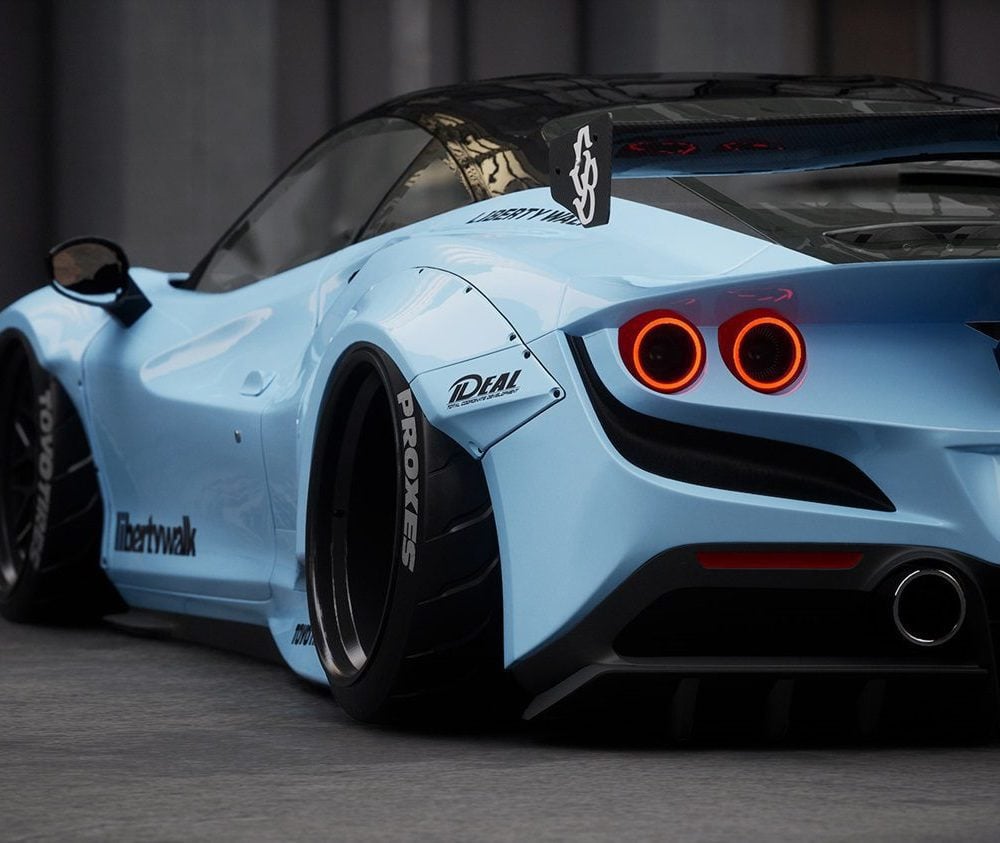 Liberty Walk LB-WORKS Widebody Kit for Ferrari F8 Tributo Installed with Ver. 1 - Close Rear View