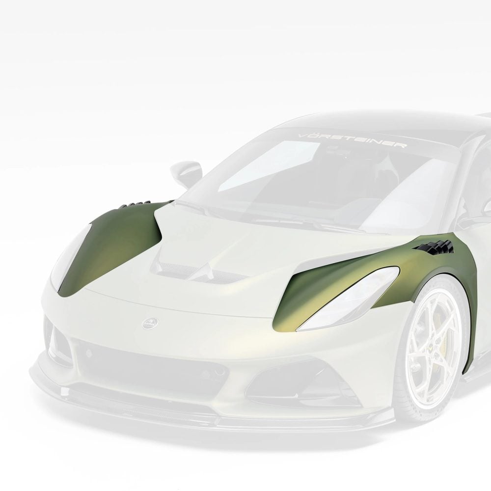 Vorsteiner LR-52 Limited Edition Carbon Vented Front Fenders for 131 Lotus Emira Installed on Satin Green / Yellow Emira - Front Fenders Highlighted
