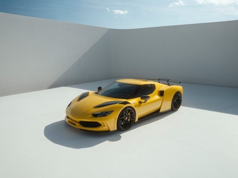 NOVITEC N-LARGO Widebody Kit & NF11 Wheel Set for Ferrari 296 GTB Installed on Car in Empty Space - Front-Side Right View