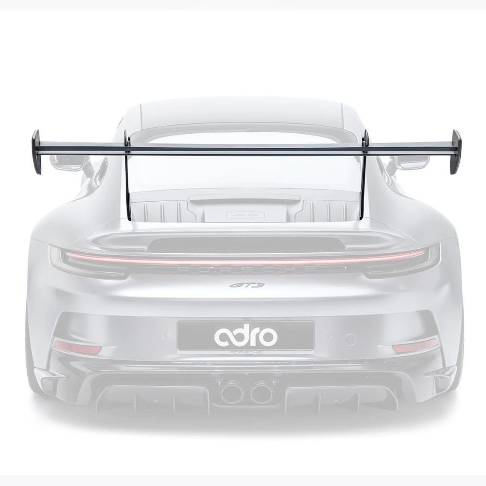 ADRO Carbon AT-P Swan Neck Wing for 992.1 Porsche 911 GT3 Installed on Grey GT3 - Wing Highlighted