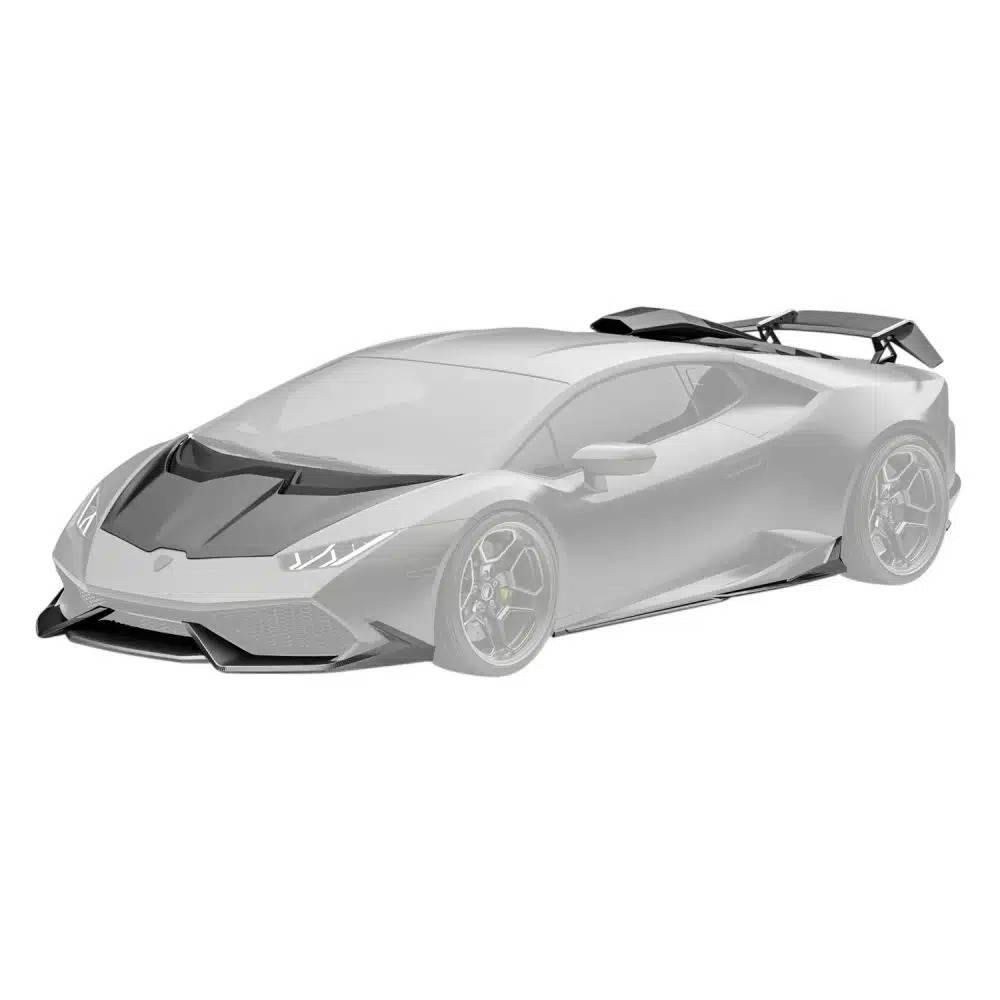 ZACOE V1 Huracán Aero Kit Installed on Matte Black Huracan, Pieces Highlighted - Right Front View of Car