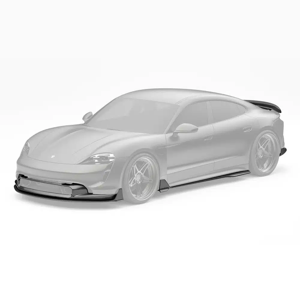 ZACOE Taycan Body Kit Installed on Matte Black Taycan, Pieces Highlighted - Front Side View of Car