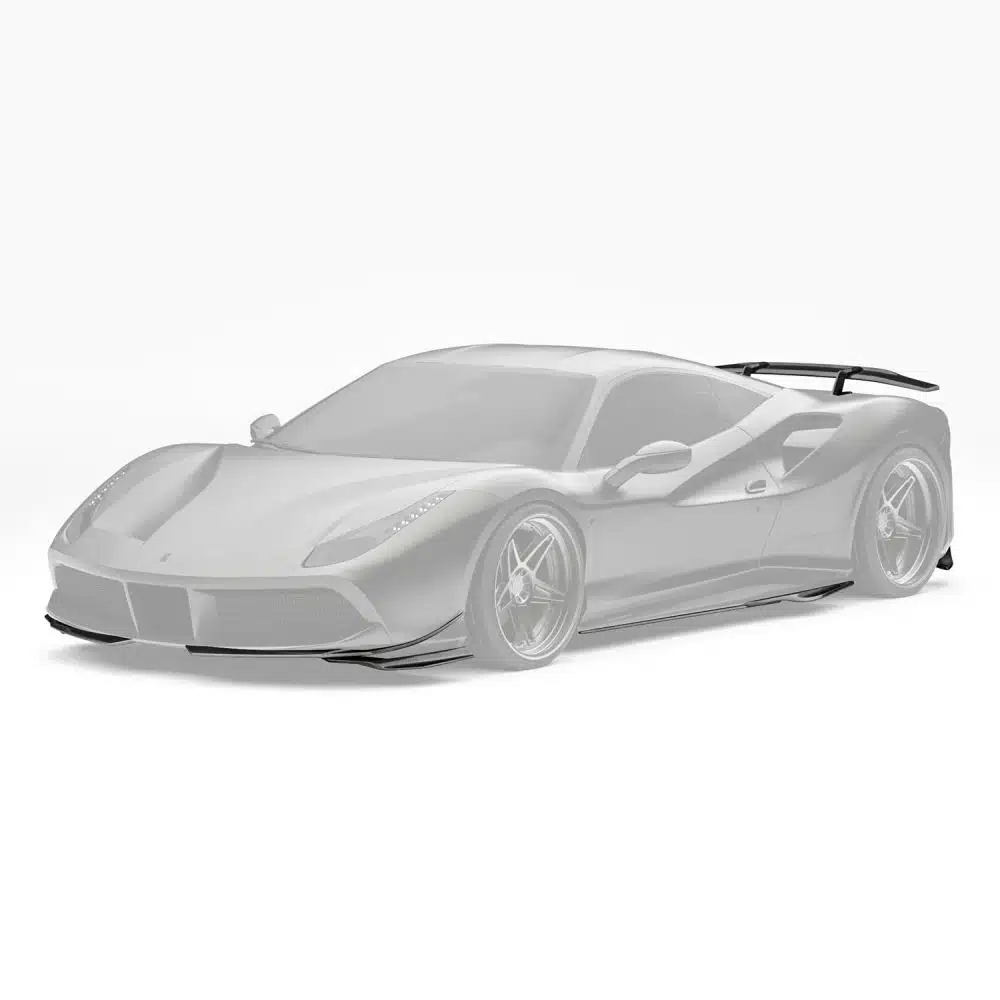 ZACOE 488 GTB Aero Kit Installed on Matte Black 488 GTB, Pieces Highlighted - Front Side View of Car