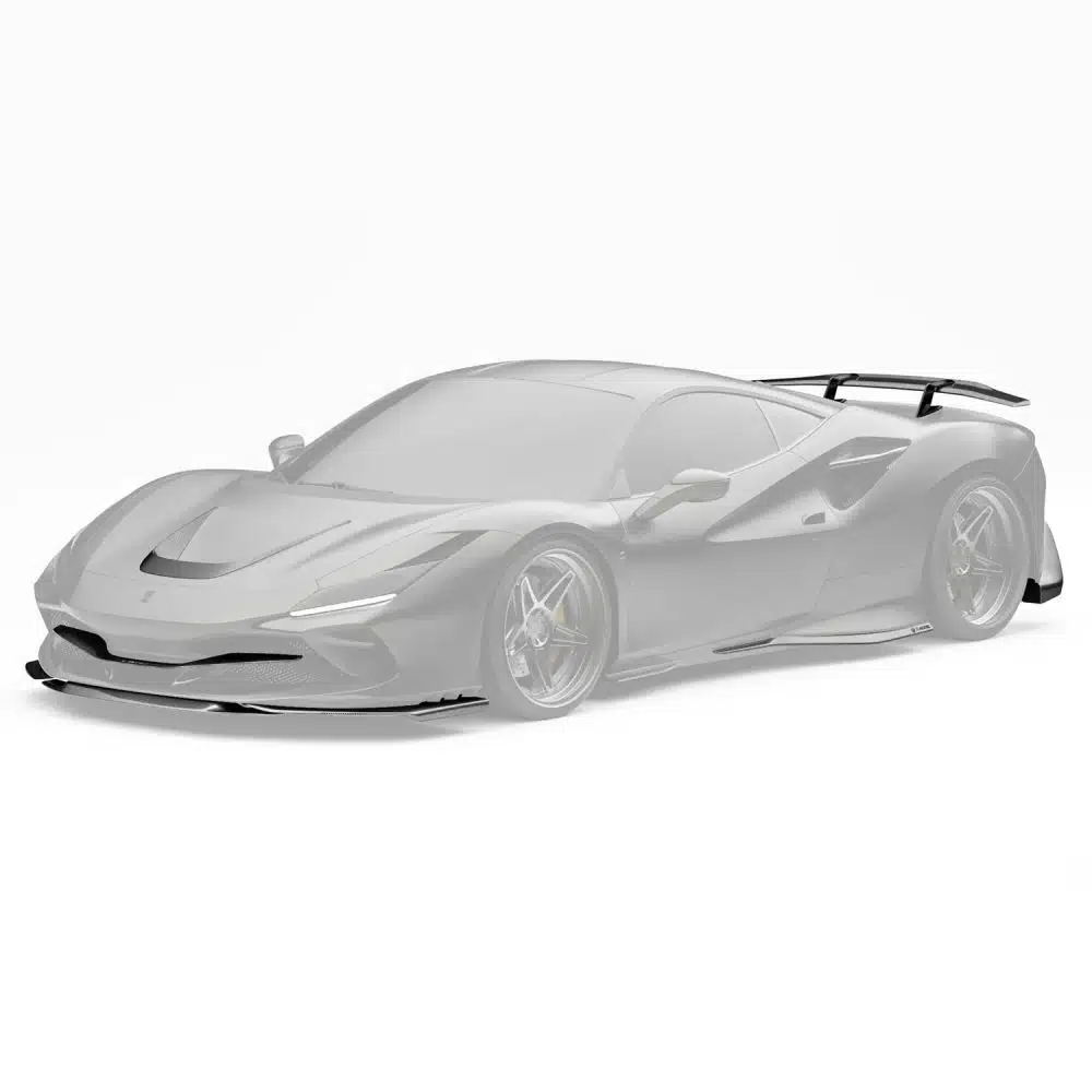 ZACOE F8 Tributo Soft Kit Installed on Matte Black F8, Pieces Highlighted - Front Side View of Car