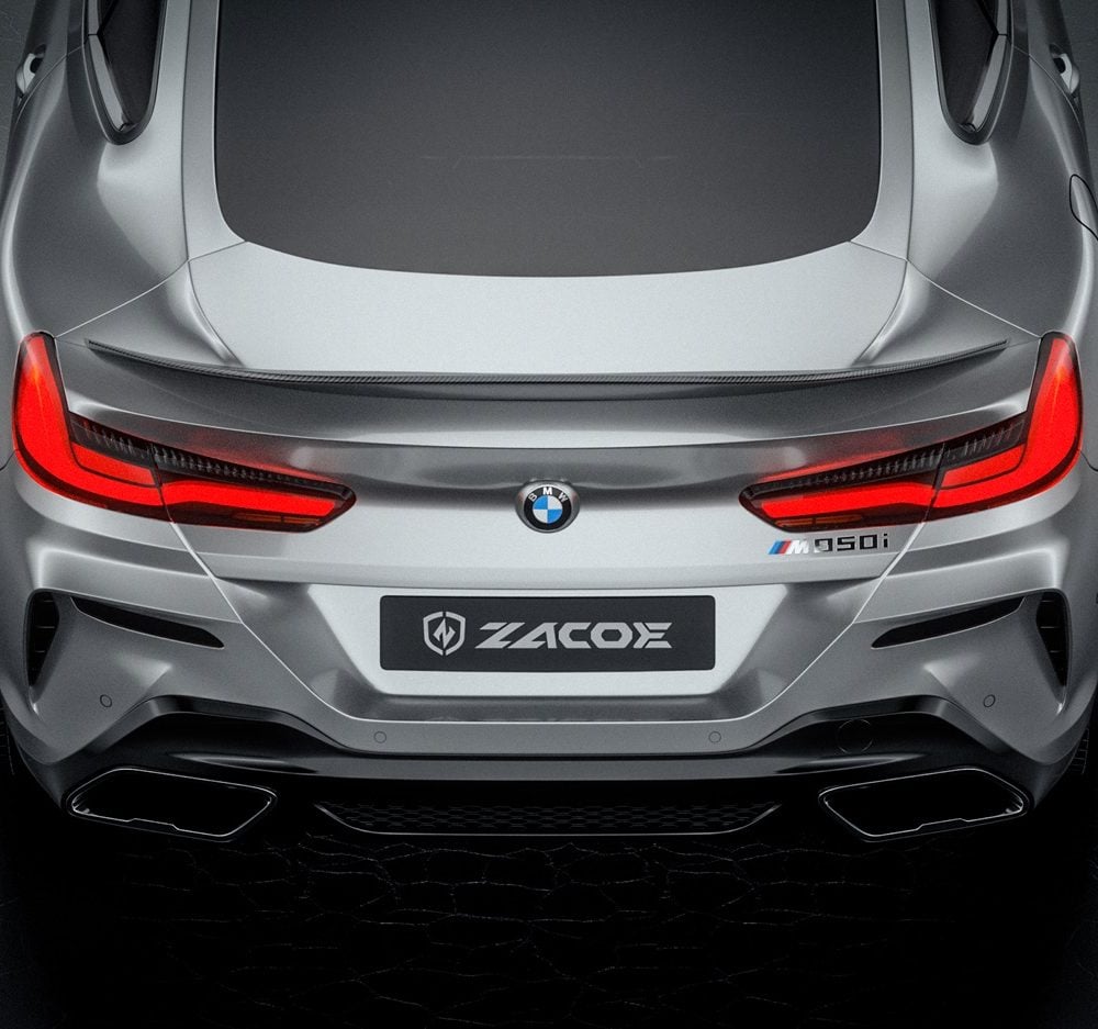 ZACOE Carbon Fiber Rear Diffuser for G14 & G15 BMW 840i / M850i [BM-G15M-RD] Installed on Grey 8 Series Rendering - Upper Rear View of Car