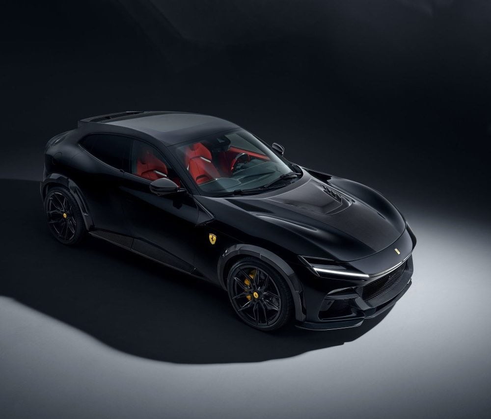 NOVITEC ESTESO Widebody Kit for F175 Ferrari Purosangue [F6 666 00/F6 666 83] Installed on Black Purosangue - Upper Front-Side View of Car