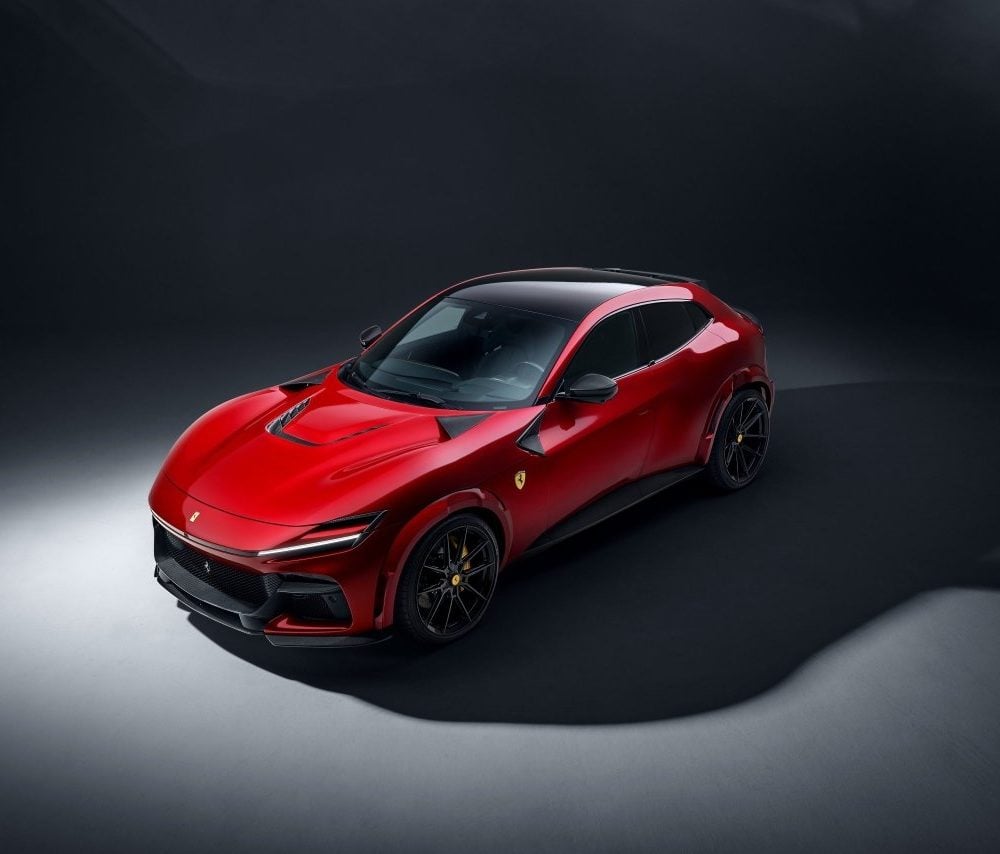 NOVITEC ESTESO Widebody Kit for F175 Ferrari Purosangue [F6 666 00/F6 666 83] Installed on Red Purosangue - Upper Front-Side View of Car