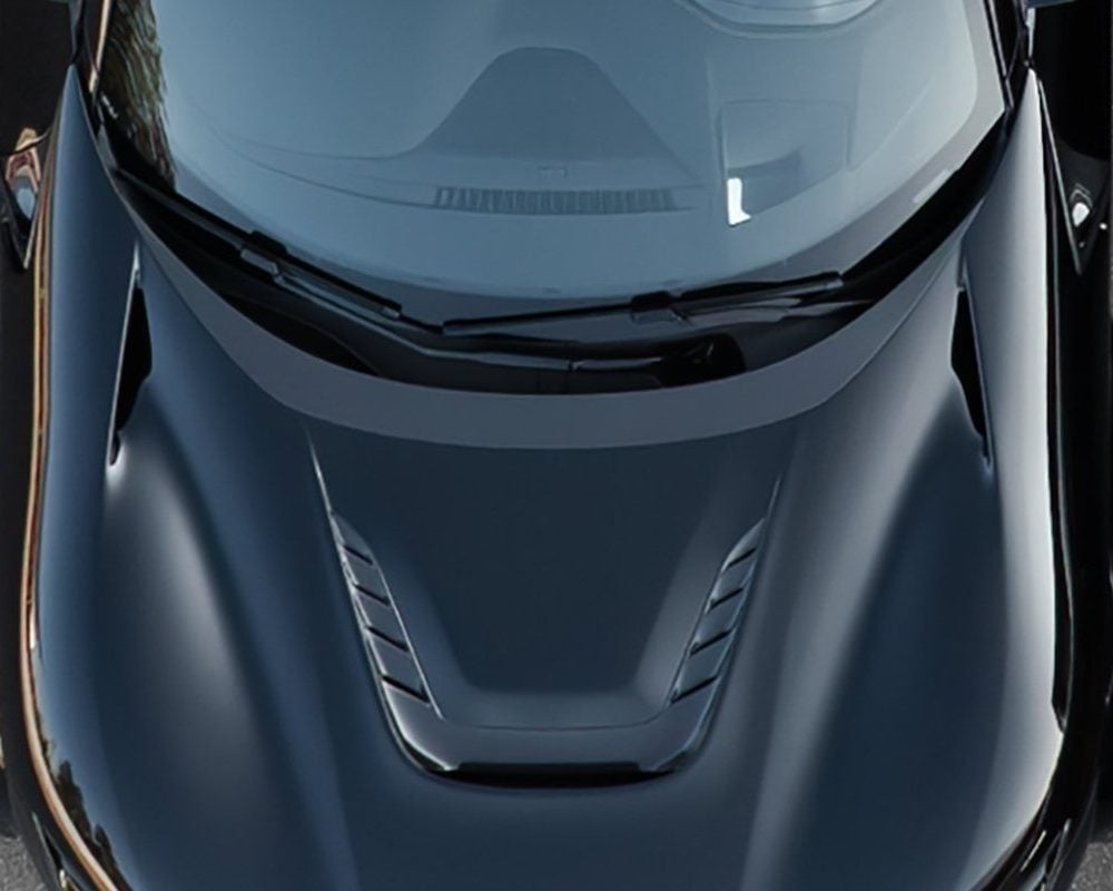 NOVITEC Carbon Engine Bonnet Insert for F175 Ferrari Purosangue [F6 666 26] Installed on Black Purosangue - Top View of Front of Car