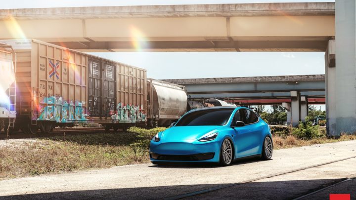 Blue Tesla Model Y - Vossen HF-4T Wheels in Satin Silver