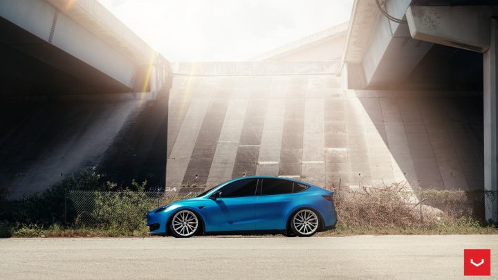 Blue Tesla Model Y - Vossen HF-4T Wheels in Satin Silver