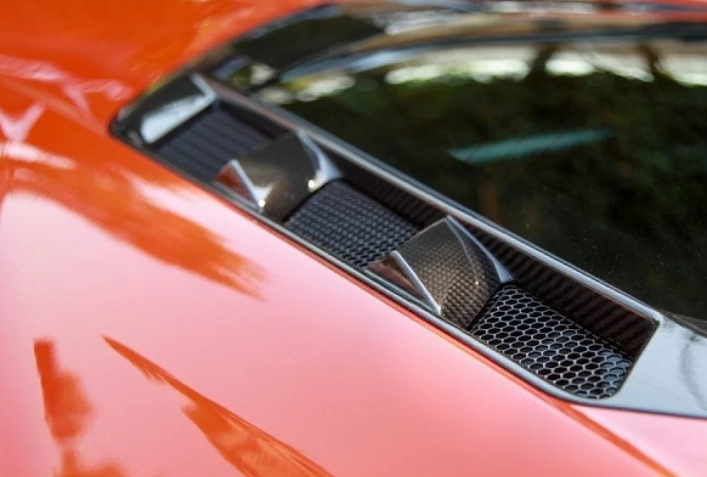 APR Performance Carbon Rear Hatch Vents for C8 Chevrolet Corvette Stingray / Z06 [CBX-C8HATCH] Installed on Orange Corvette - Closeup of Vents