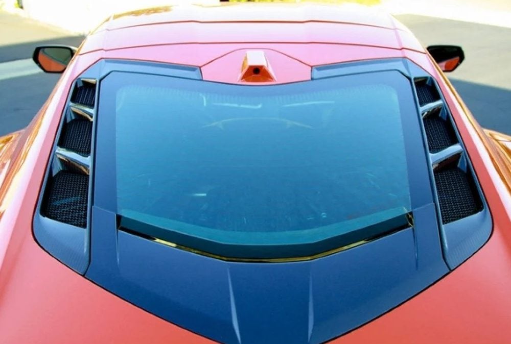 APR Performance Carbon Rear Hatch Vents for C8 Chevrolet Corvette Stingray / Z06 [CBX-C8HATCH] Installed on Orange Corvette - Close View