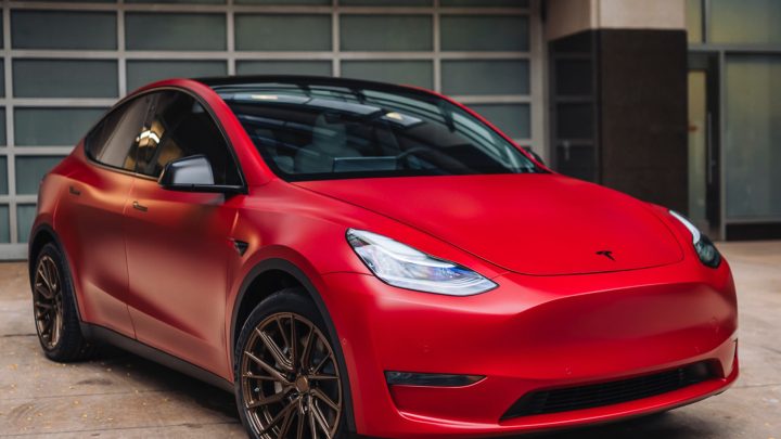 Red Tesla Model Y - Vossen HF-4T Wheels in Satin Bronze