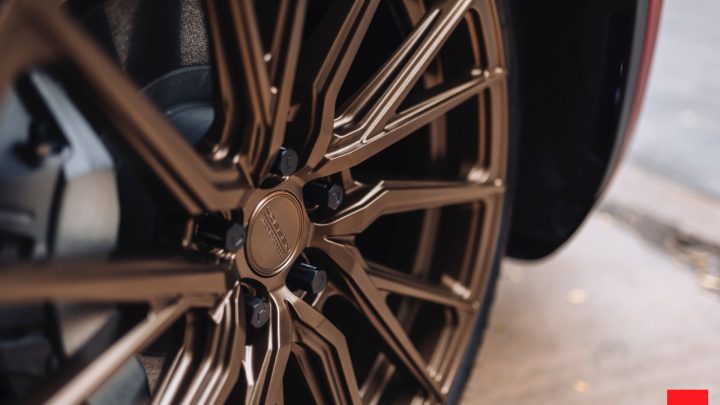 Red Tesla Model Y - Vossen HF-4T Wheels in Satin Bronze