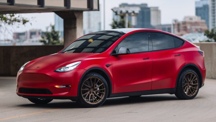 Red Tesla Model Y - Vossen HF-4T Wheels in Satin Bronze