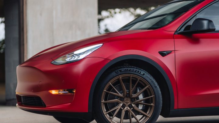 Red Tesla Model Y - Vossen HF-4T Wheels in Satin Bronze