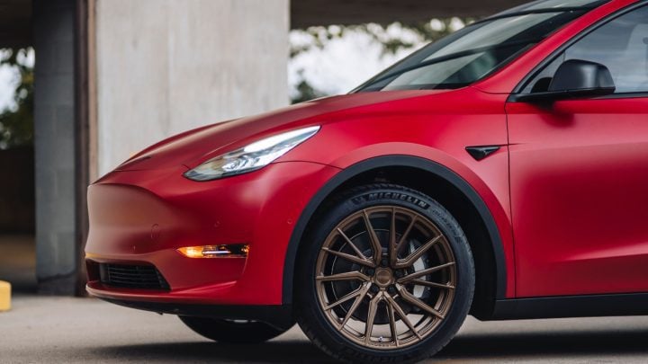 Red Tesla Model Y - Vossen HF-4T Wheels in Satin Bronze